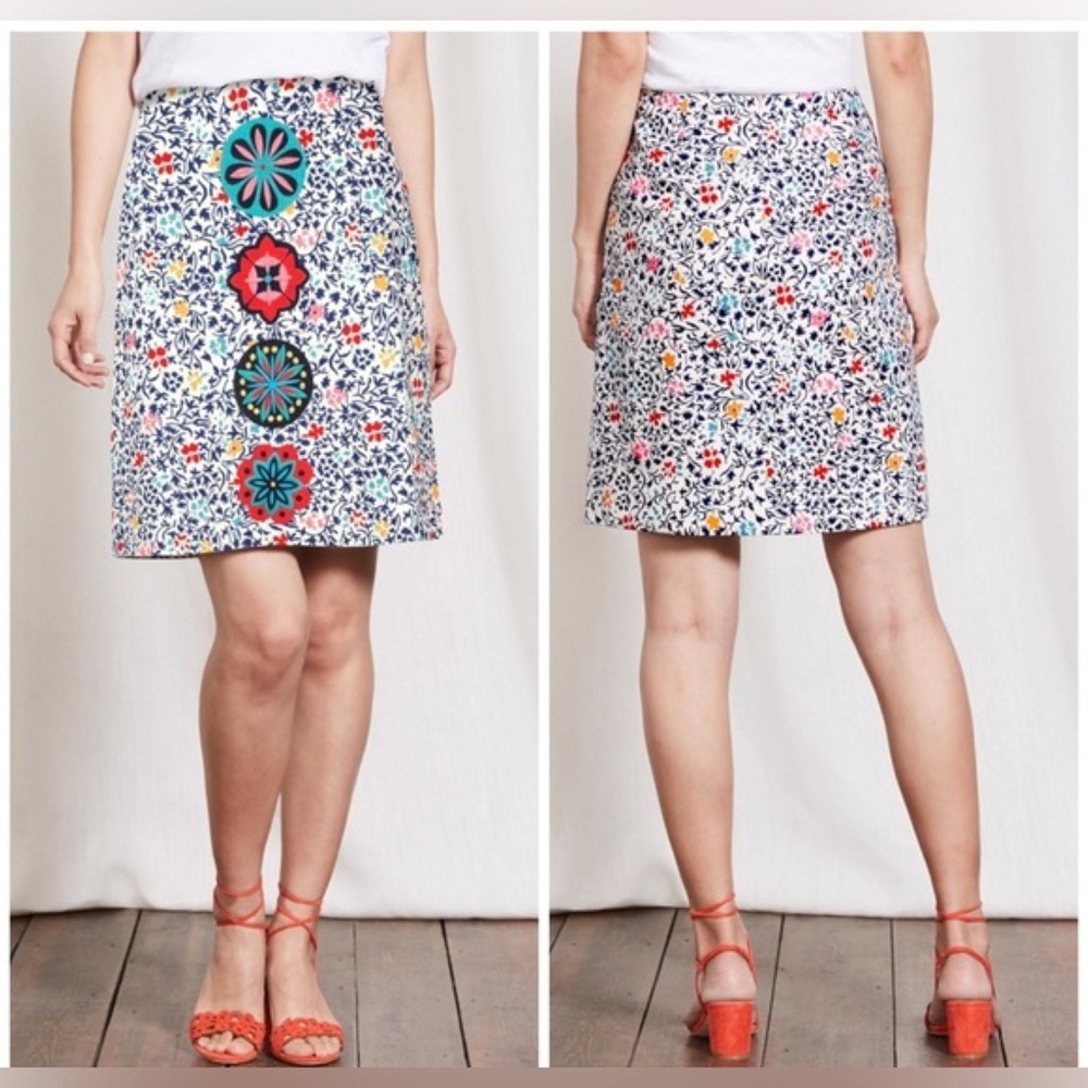 Boden Katrina Skirt Floral Print Medallion Embroidery Embroidered Lined